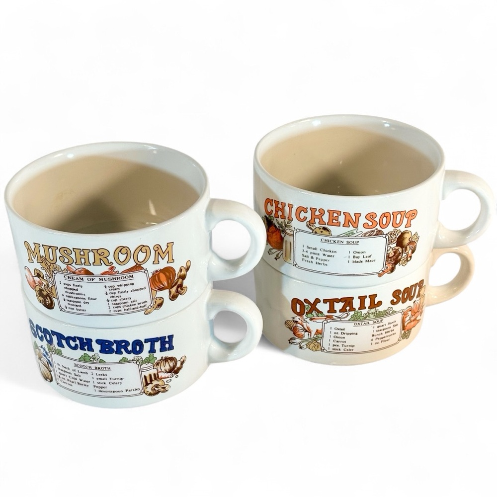 Vintage 70s Soup Recipe Mugs Set of 4 - Mushroom, Chicken, Scotch Broth, Oxtail